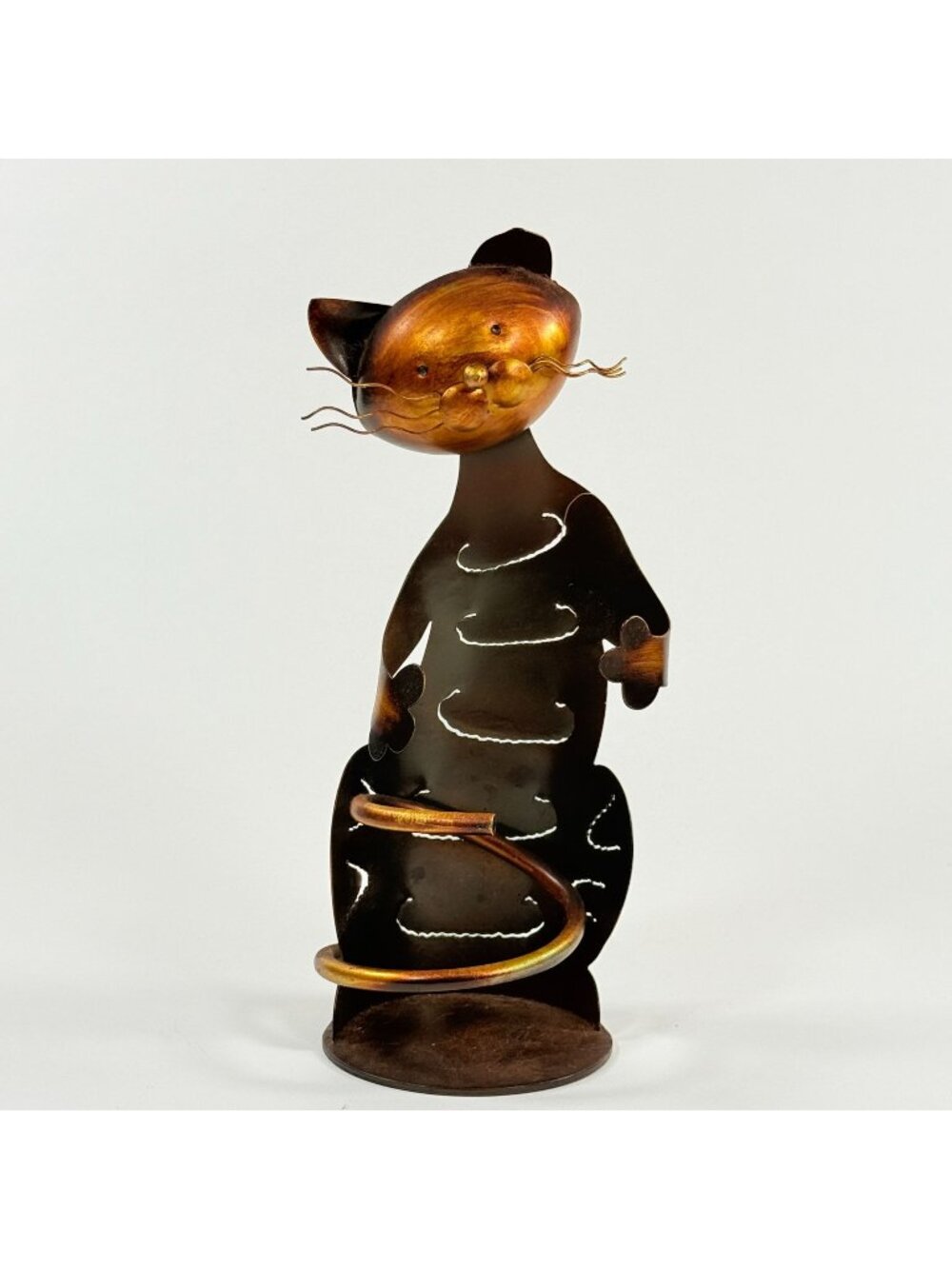 Metal Cat Wine Bottle Holder Whimsical Bronze Tone Rustic Kitchen Bar Decor 13”